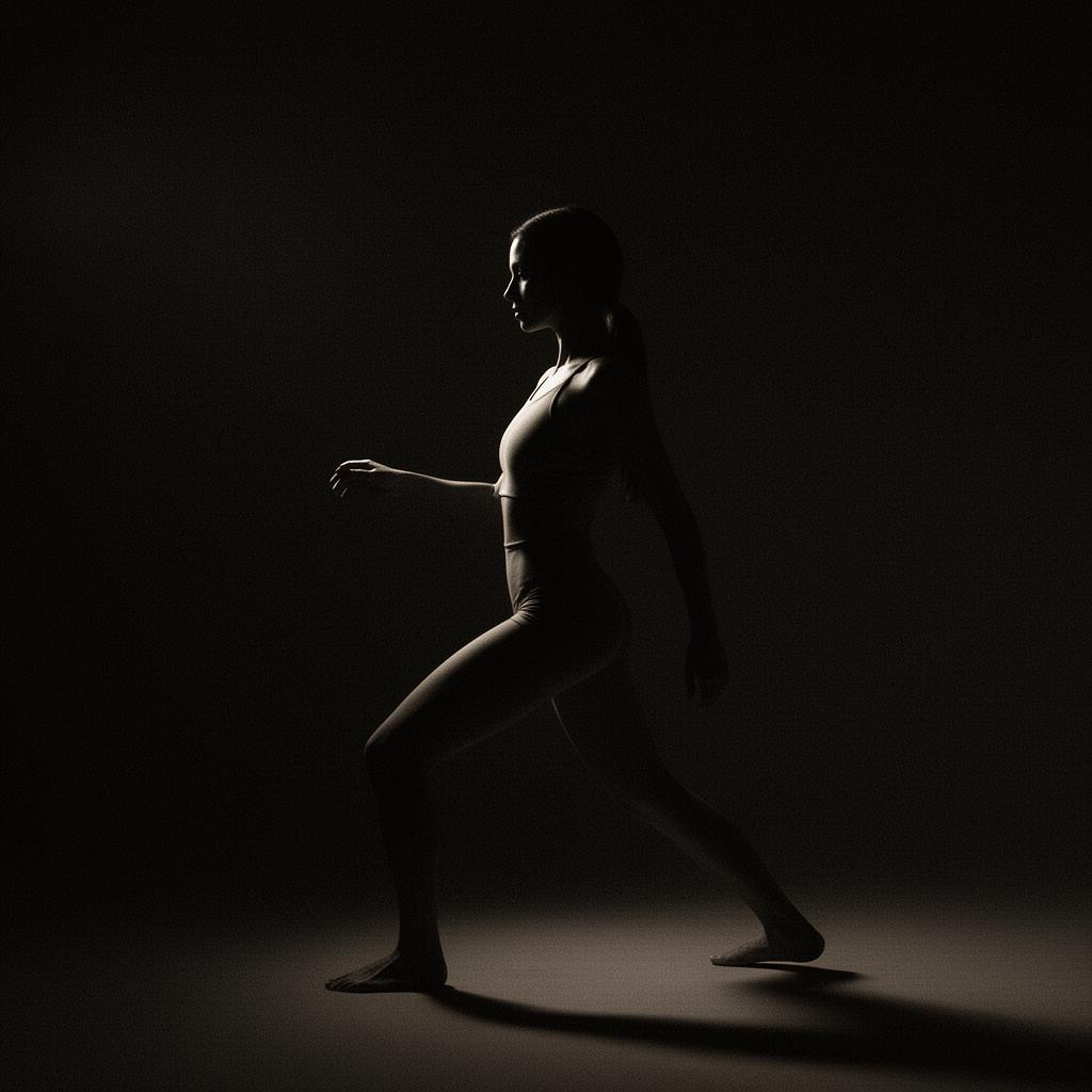 A figure in a calm movement pose, side-lit